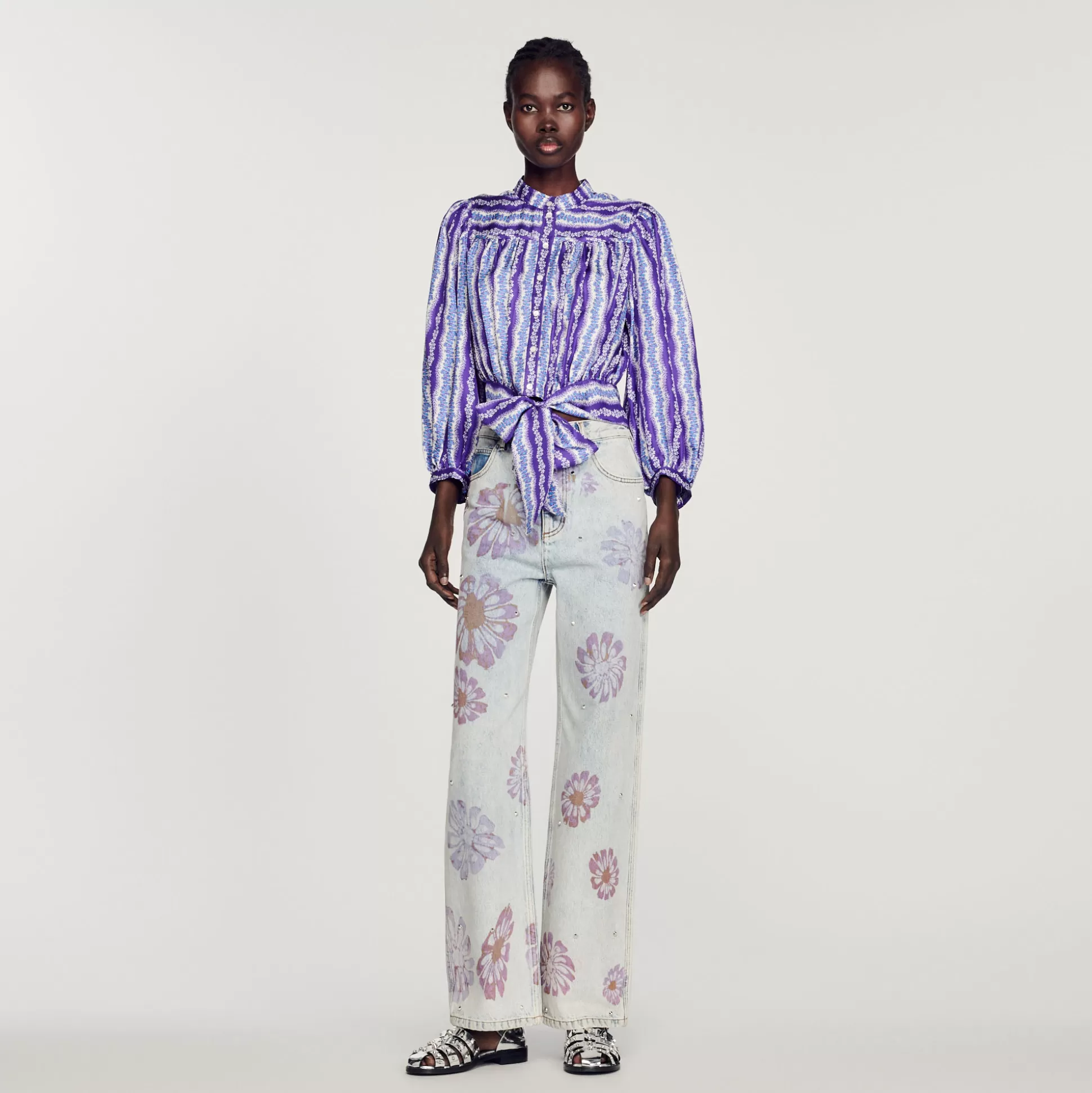 Sandro Paris Cropped Silk Shirt With A Floral Print> Tops & Shirts