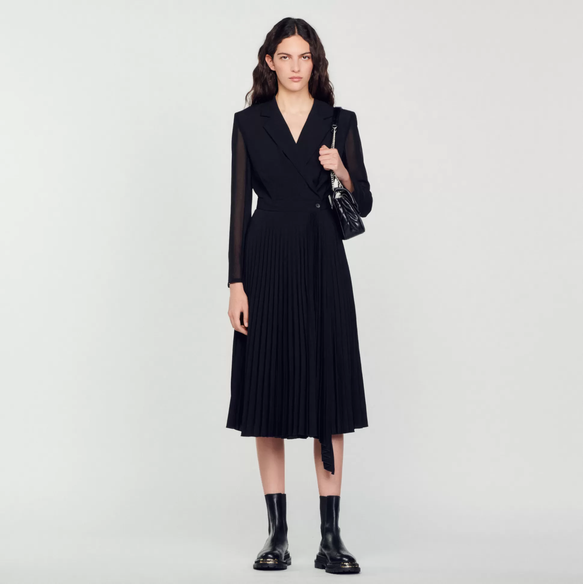 Sandro Paris Dual-Material Long-Sleeved Dress> Dresses