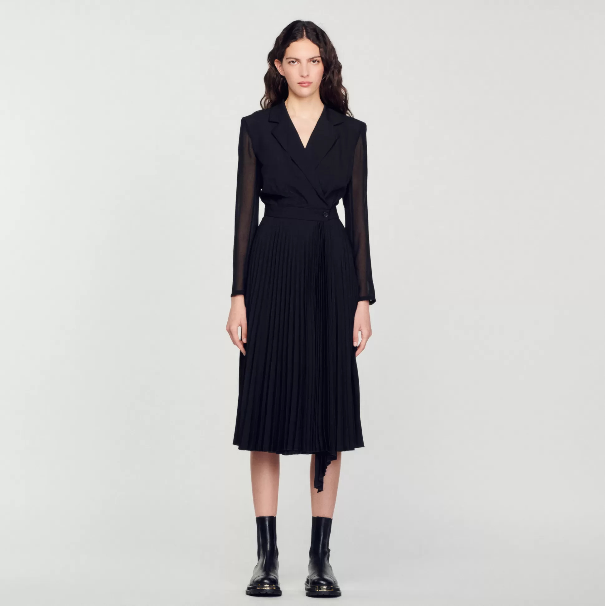 Sandro Paris Dual-Material Long-Sleeved Dress> Dresses