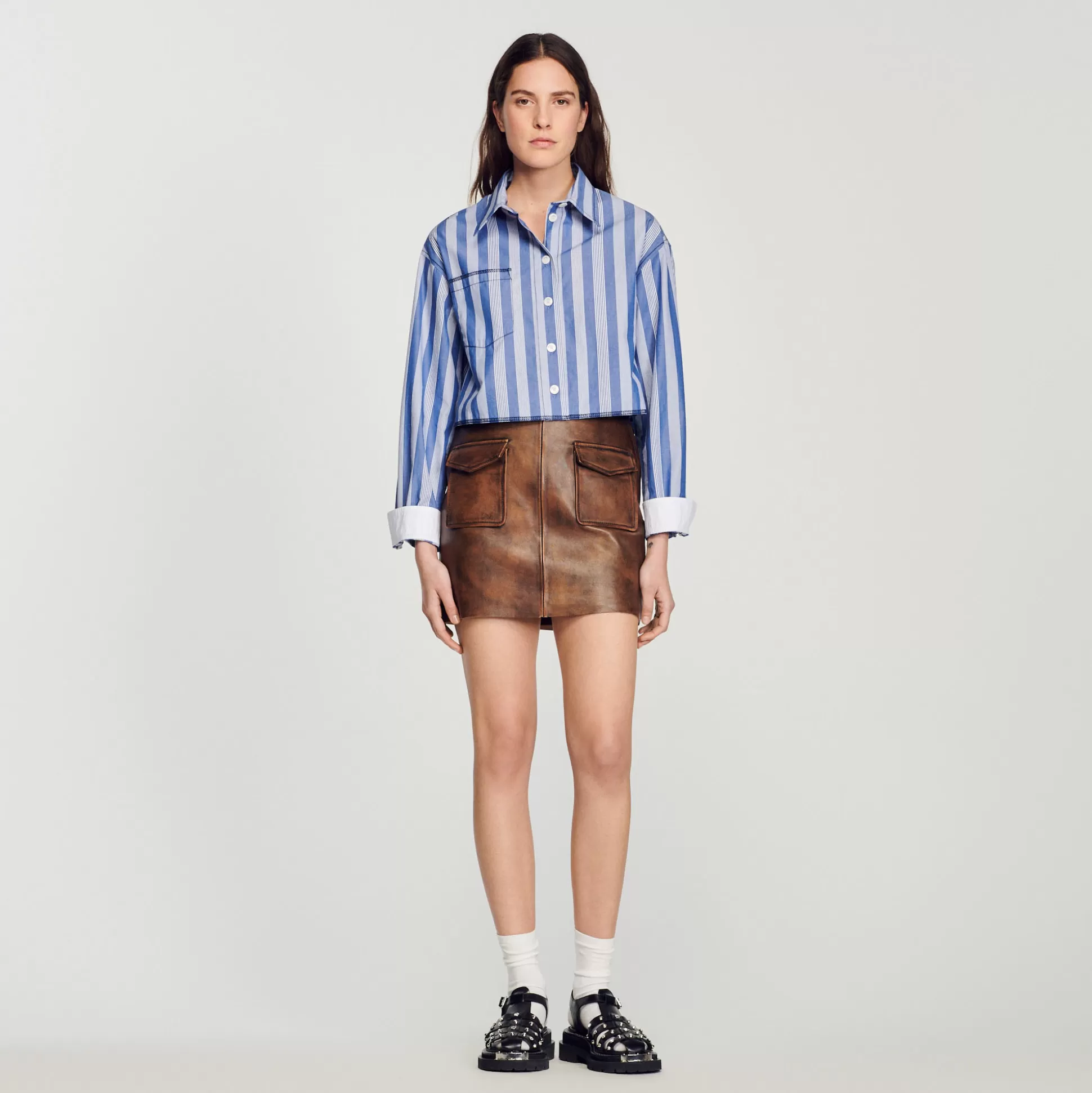 Sandro Paris Short Distressed Leather Skirt> Skirts