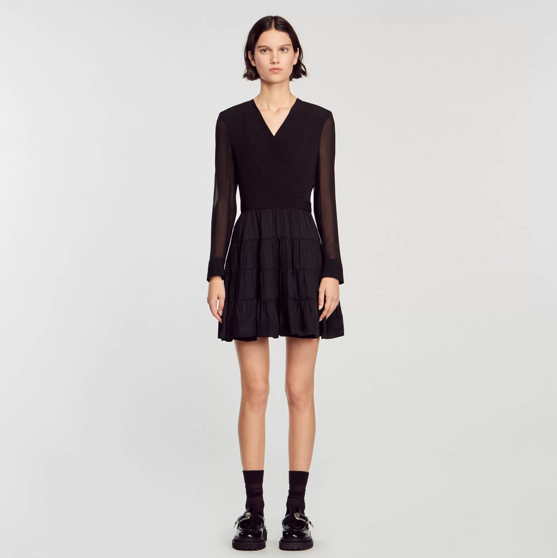 Sandro Paris Short Flowing Dual-Fabric Dress> Dresses