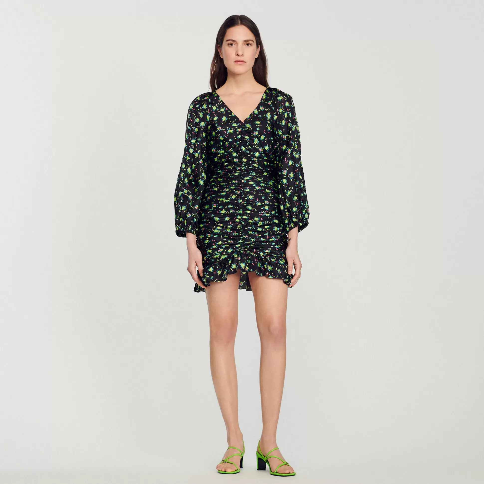 Sandro Paris Short Gathered Dress With A Floral Print> Dresses